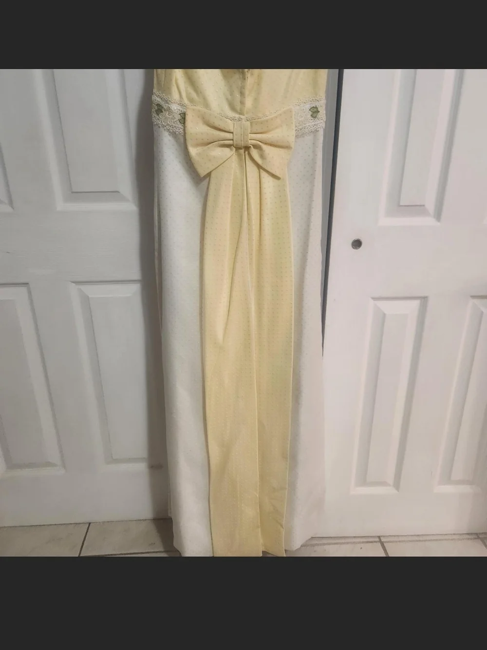 Vintage 60s 70s Yellow Swiss Dot Maxi Dress Bridgerton Ribbon Bow Back